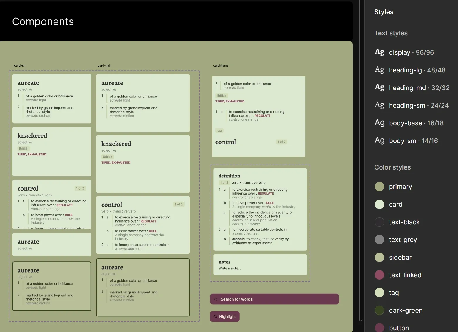 Screenshot of the Figma components, colours, and typography that I used for the Figma wireframe.