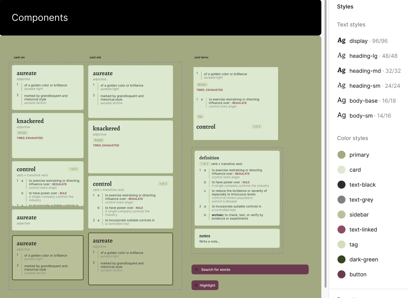 Screenshot of the Figma components, colours, and typography that I used for the Figma wireframe.