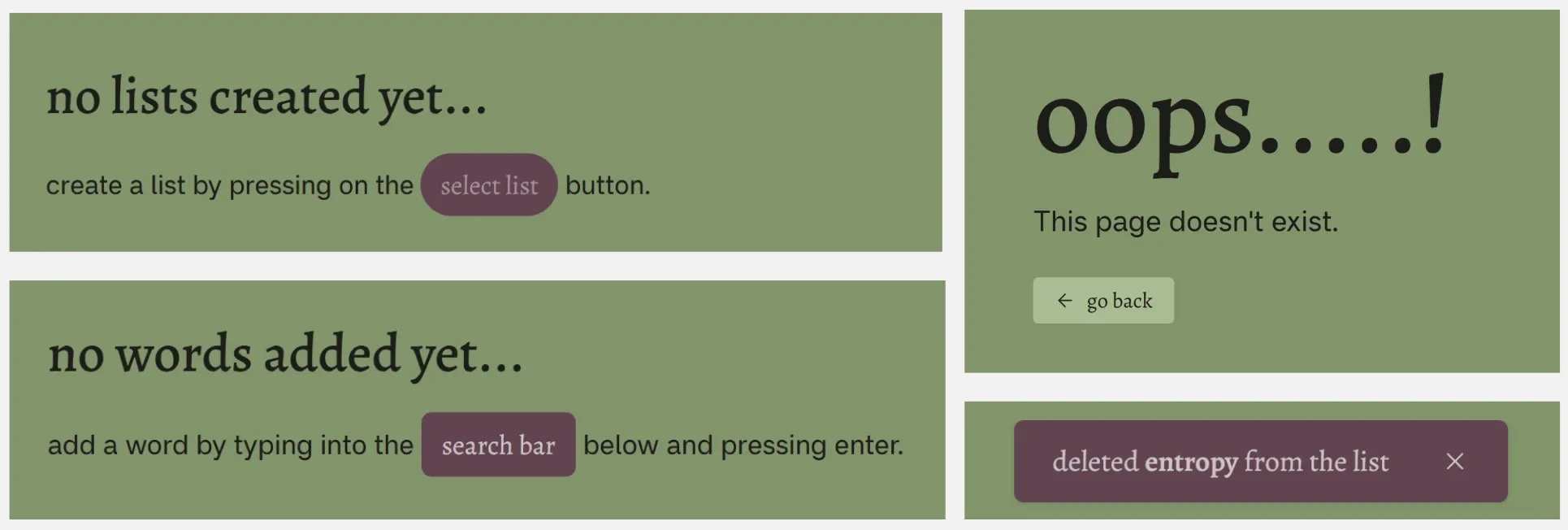 Screenshot of Vocab Forest's layout, displaying the different forms of feedback.