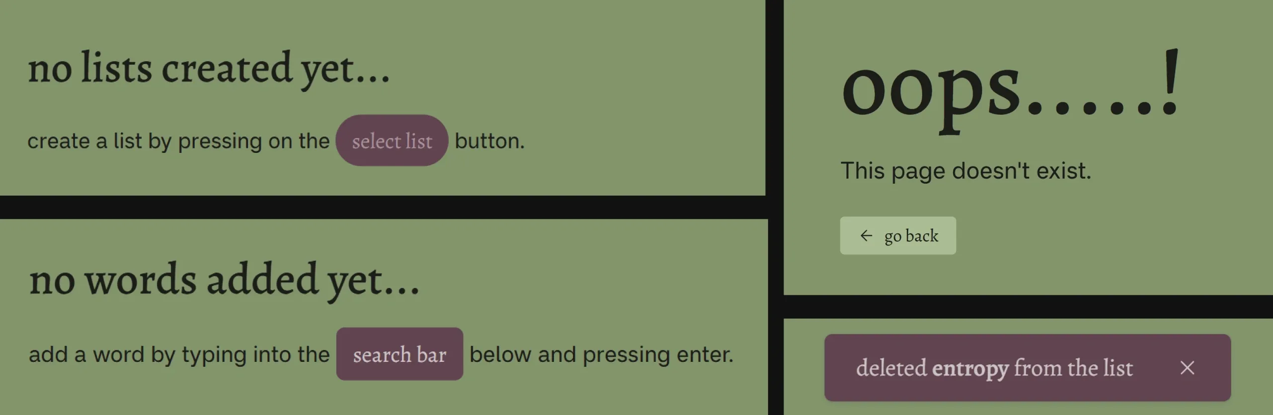 Screenshot of Vocab Forest's layout, displaying the different forms of feedback.
