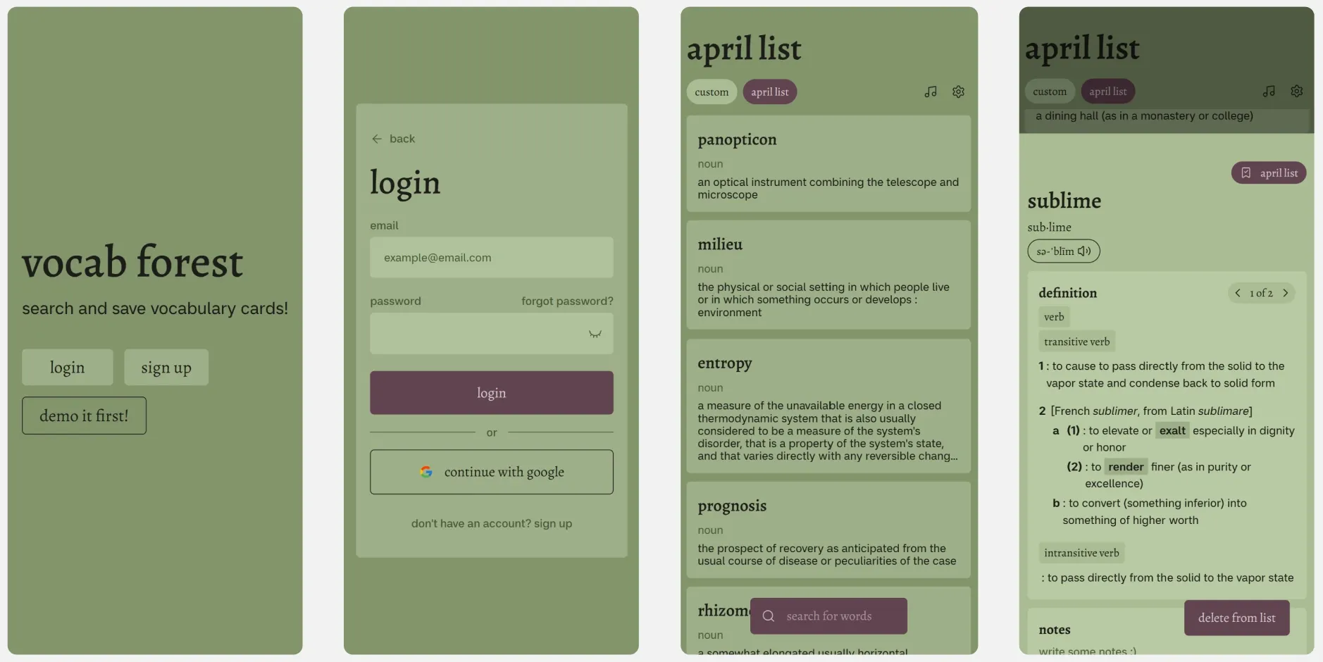 Screenshot of different Vocab Forest layouts on mobile.