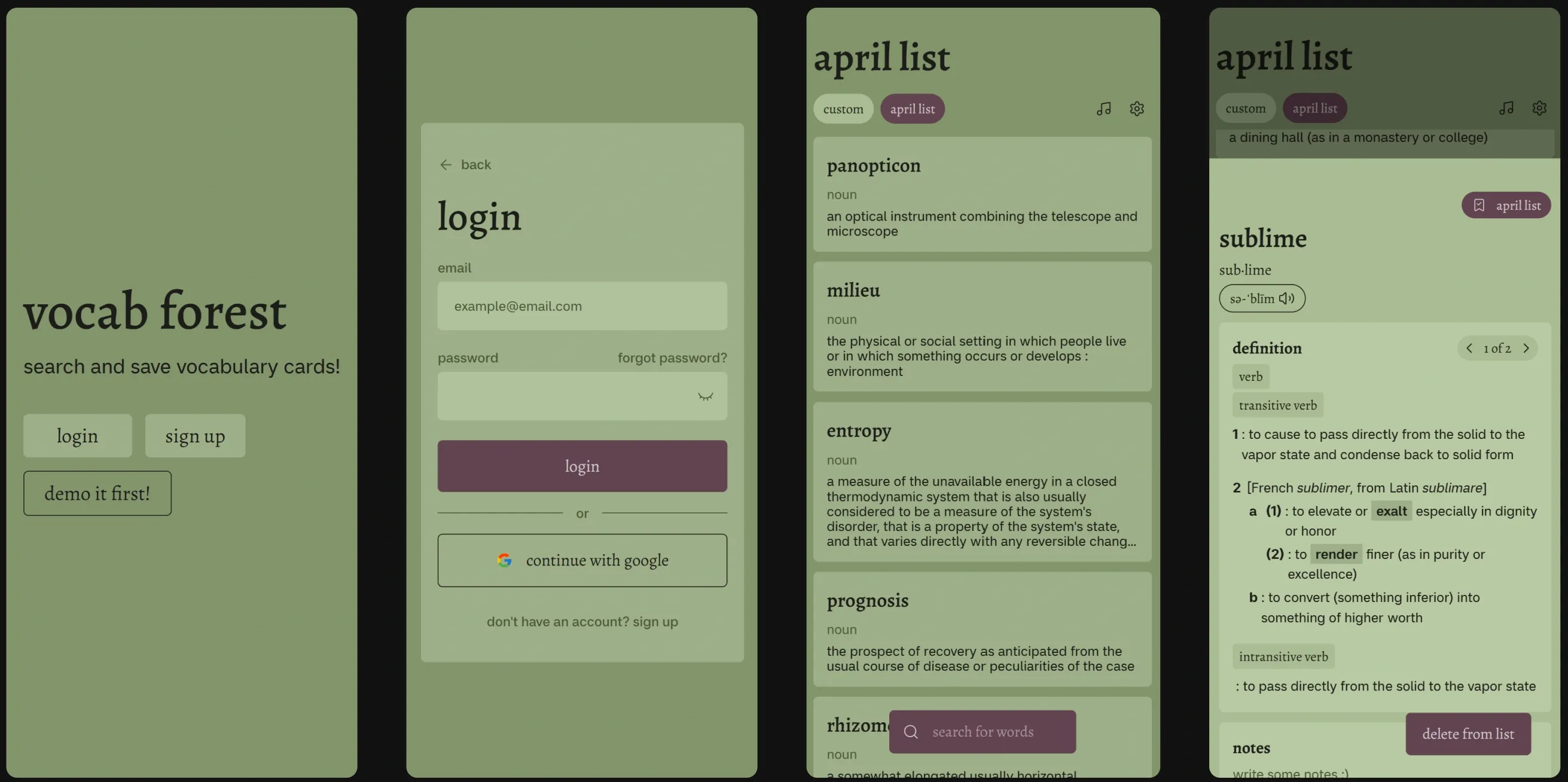 Screenshot of different Vocab Forest layouts on mobile.